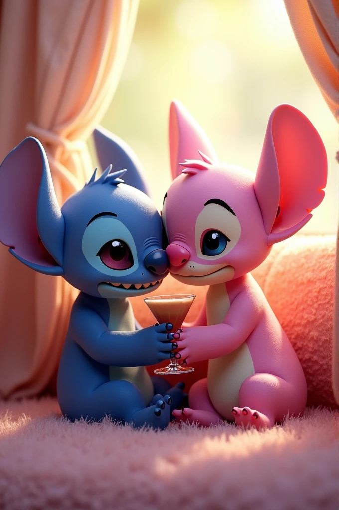 Stitch and Angel lying down having a glass 