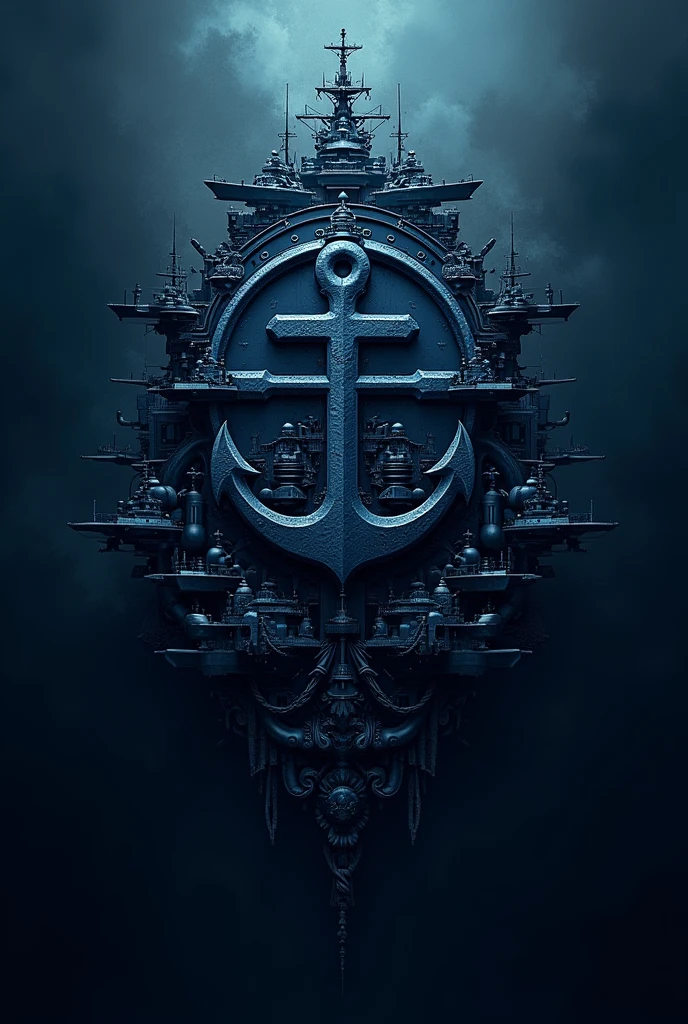 Navy logo with dark theme, with lots and lots of details, navy writing, and with ships