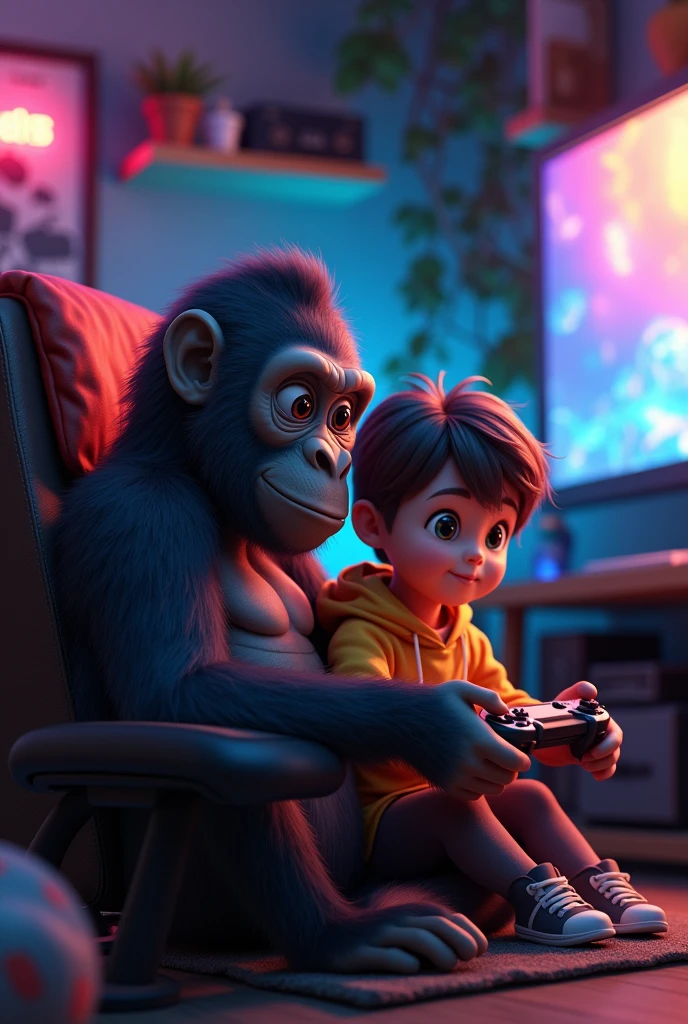 An image of a baby gorilla and a baby playing video games in a gamer room