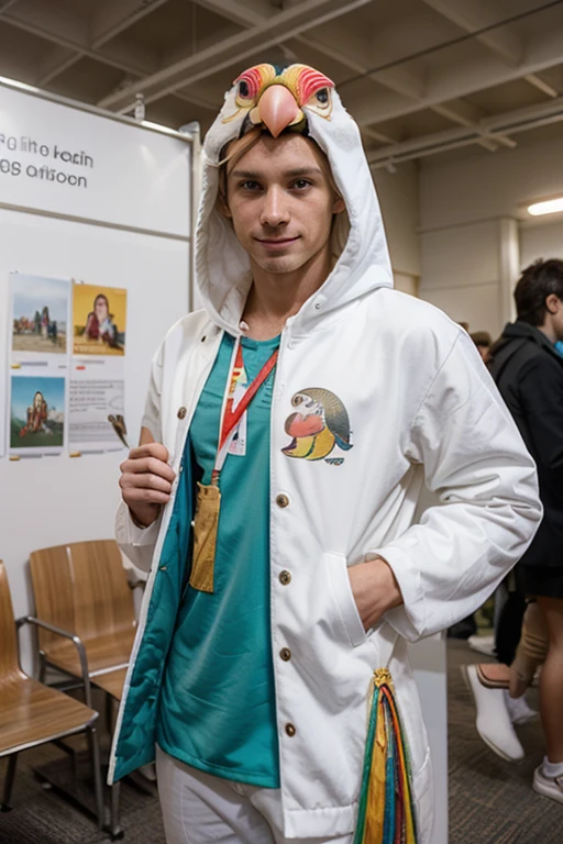 Young handsome cute white skinned smooth skinny beautiful face and with a cute parrot clothing costume in a university exhibition while the public applauded him from their seat