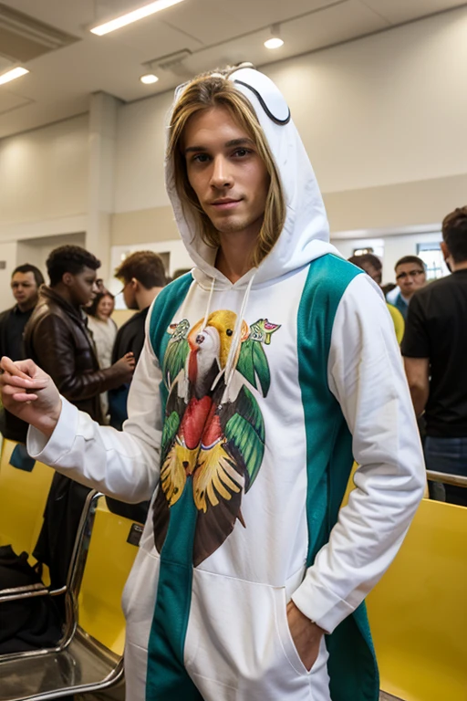 Young handsome cute white skinned smooth skinny beautiful face and with a cute parrot clothing costume in a university exhibition while the public applauded him from their seat