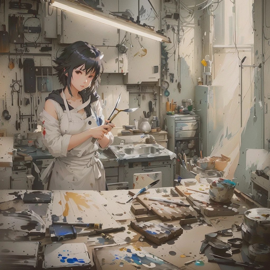 Painting of a woman in the kitchen holding a knife and a table, Gwaiz on pixiv artstation, Olsinsky workshop, Studio Greeble Makoto Shinkai, by Kamaguruka, Gwaiz on artstation pixiv, In a cluttered lab, Zerochan Art, Gwaiz, artwork in the style of Gwaiz