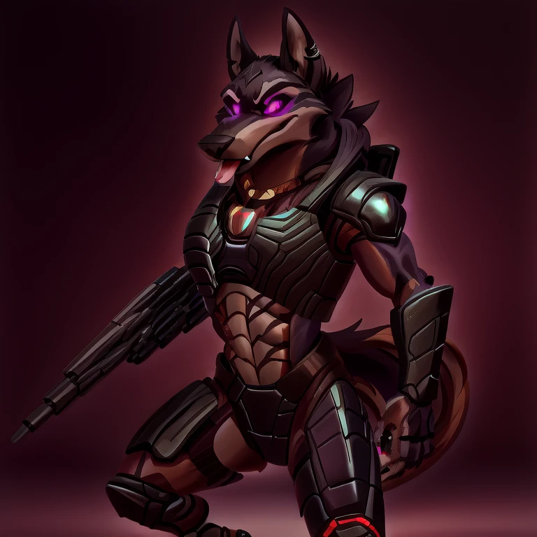 (masterpiece, best quality:1.2), Vortex Anubis hellhound, wolf, furry, helluva boss, hypnotized with glowing purple eyes, tongue out, wearing predator futuristic armor, using a Pulse Rifle, Energy Rifle, Futuristic assault rifle, dancing ridiculously