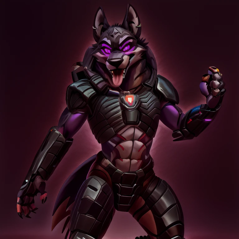 (masterpiece, best quality:1.2), Vortex Anubis hellhound, wolf, furry, helluva boss, hypnotized with glowing purple eyes, tongue out, wearing predator futuristic armor, using a Pulse Rifle, Energy Rifle, Futuristic assault rifle, dancing ridiculously