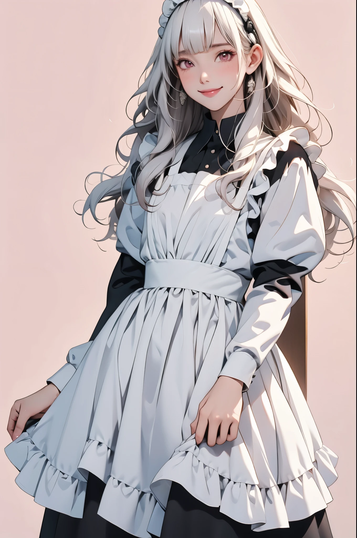 high resolution,smile,happy,light smile,woman,woman1人,adult,Clear,cute, blunt bangs,White Hair,BREAK, Pink eyes,BREAK,wavy hair,long hair,BREAK, ((looking at viewer)), Black maid outfit,White apron,Black long sleeve blouse,Black long skirt,White Stockings,Frill headband,BREAK,Facing forward,BREAK,Pink background, BREAK,