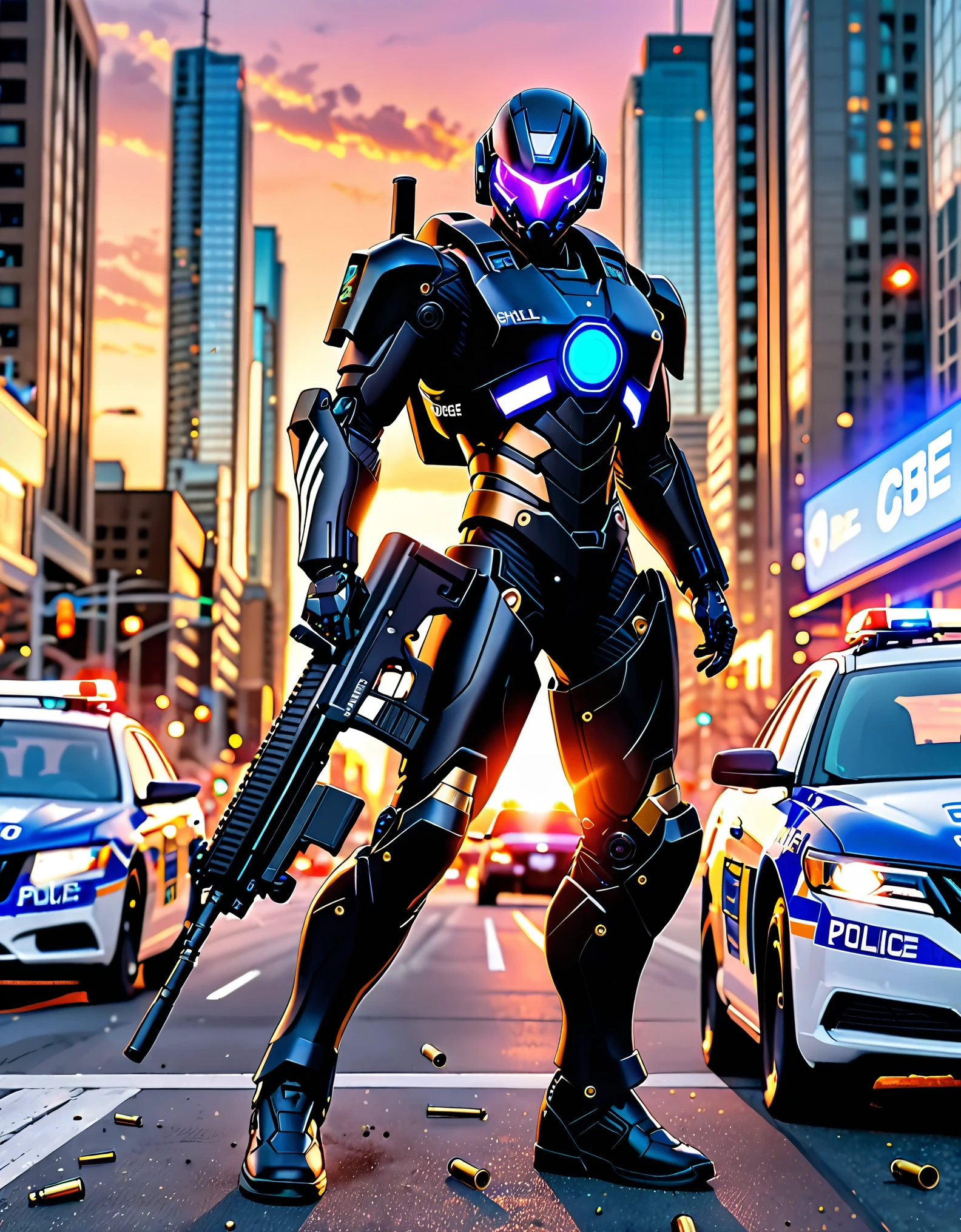 ((masterpiece, best quality, hires)), 1boy, male focus, solo focus, mature adult, age 30, canadian police officer, cyborg, muscular, (jet black cybernetic battle suit, glowing blue circle on chest), (black hair, dark purple eyes), (in front of a police car riddled with bullets), toronto city street backdrop, cowboy shot, sunset, excited look, ready for battle, front view, ((using gun, cyber rifle, shell casings coming from gun)), full body with costume.