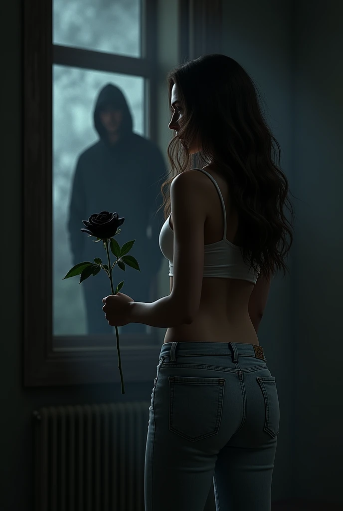 The image shows a woman with long brown hair, wearing light denim pants and a white tank top, holding a black rose and looking at flower. She is in a dark and mysterious environment, with a window behind her at night, where you can see a shadowy figure, a man wearing a black hoodie watching. The woman appears to be in a romantic and enigmatic situation.