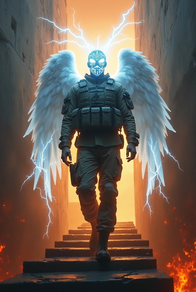 Modern United states Army Soldier with a shining holy white mask with lightning eyes and wings on his back going into hell using stairs with a glowing white rope in the sky from heaven attached to his back 