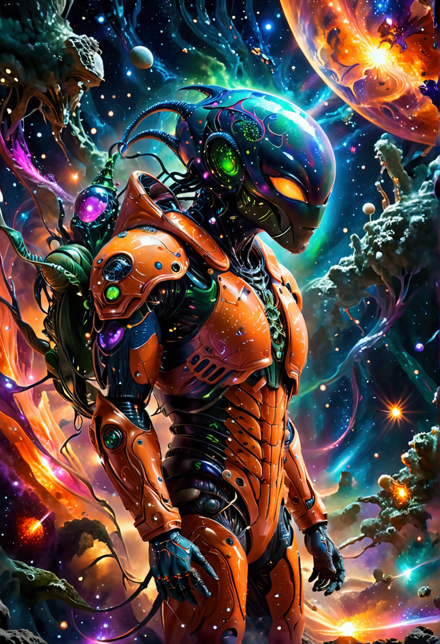 An alien wearing the most advanced technology of alien spaceship in the dark universe, a unique alien alien, dressed in an orange-studded, high-tech spacesuit, is depicted wandering in a vibrantly hued space environment. A profusion of colors from red to blue, and green to violet, embody the cosmic spectacle around the space traveler. An ethereal mix of hues is noticed as a gigantic supernova bursts, unleashing colossal energy in the background. This sublime celestial event with incandescent filaments and pulsating radiances illuminates the wonders of the infinite universe, casting a spectacular light across the panorama. This mesmerizing view celebrates the awe-inspiring beauty and mystery of space.