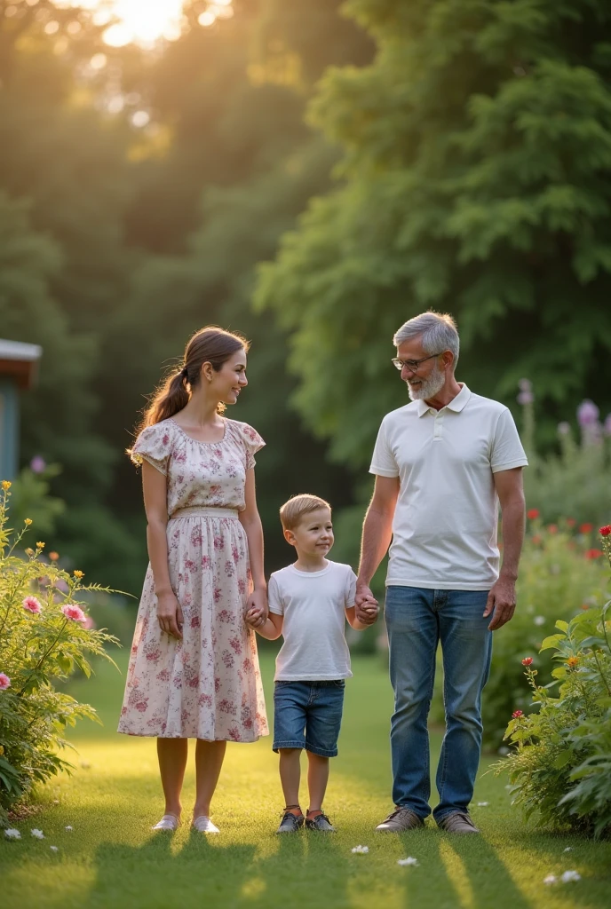 One son and one daughtet standing between one mother and one father in a garden