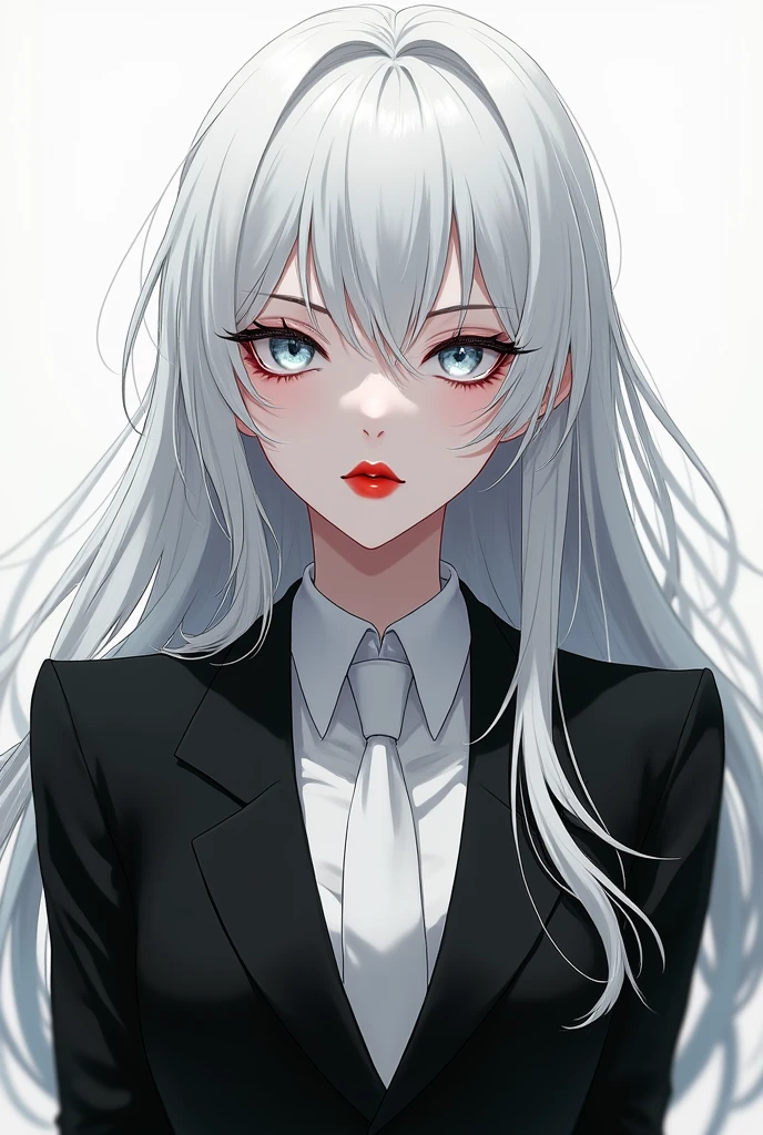 Anime a woman with white hair, albino eyes, pale skin, red lips, a black suit with a white tie
