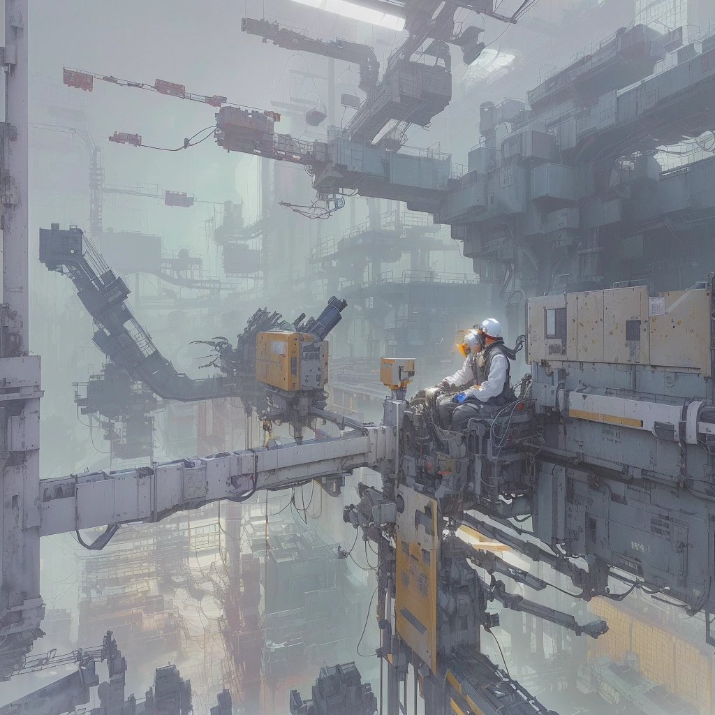 A person who works in a factory with many machines々Group painting, Krentz Kuschaert and Wenjun Lin, inspired By Yanjun Chen, By Yanjun Chen, Jongsuk Lee, Olsinsky workshop, Krentz Kuschaert and Artem Demra, Krentz Kuschaert and Asher Duran, By Russell Dongjun Lu