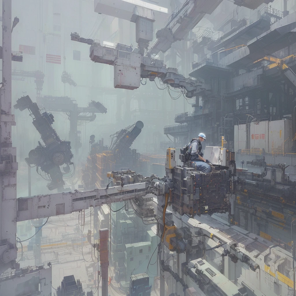 A person who works in a factory with many machines々Group painting, Krentz Kuschaert and Wenjun Lin, inspired By Yanjun Chen, By Yanjun Chen, Jongsuk Lee, Olsinsky workshop, Krentz Kuschaert and Artem Demra, Krentz Kuschaert and Asher Duran, By Russell Dongjun Lu