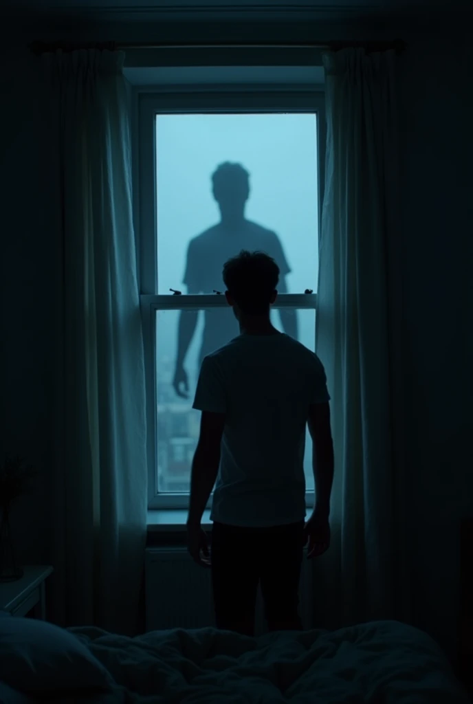 Image of The silhouette of a dark figure projected in the bedroom window. The young man slowly stands up, With my heart pounding in my chest.