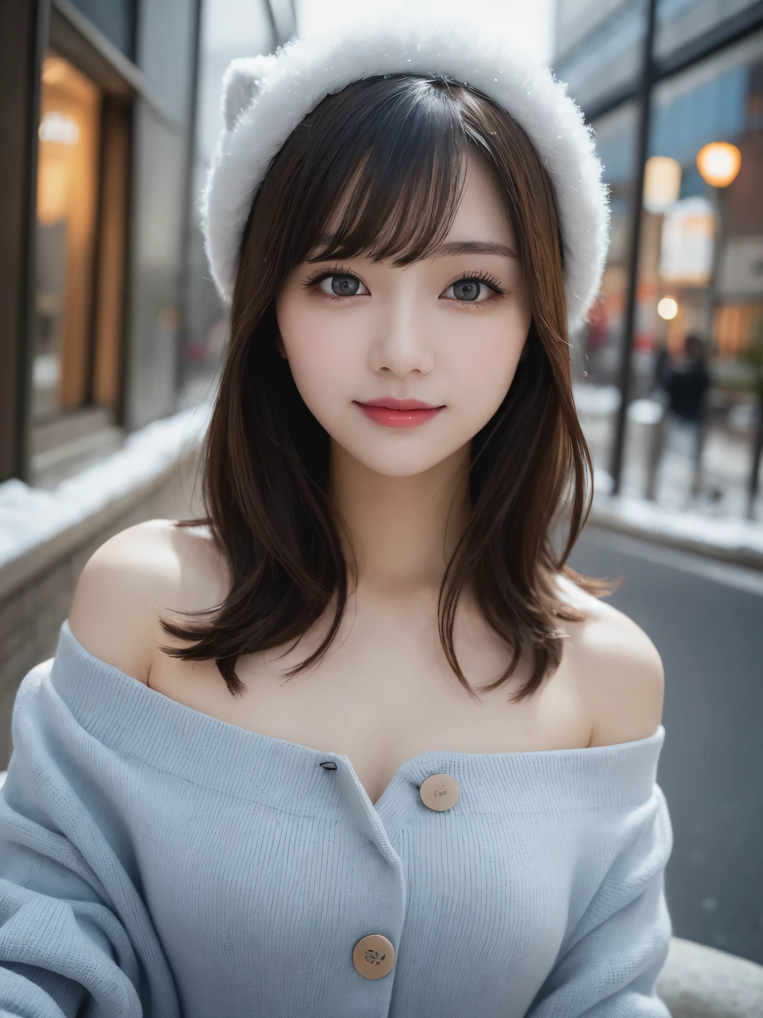 table top,(highest quality, masterpiece:1.2), Super detailed, High resolution, 8k wallpaper, perfect dynamic composition, detailed and beautiful eyes, Trendy winter fashion,small breasts, natural color lips, bold sexy pose, shy smile, 20-year-old, cute woman, sexy style, Tokyo, Big eyes,sexy shot looking at camera,  winter fashion,perfect and beautiful face,Winter clothes,beautiful chest,off shoulder,Put on a jacket,