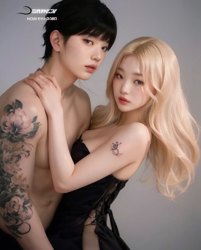 A closeup of a person with a tattoo on their arm, inspired by Kim Deuk-sin, inspired by Sim Sa-jeong, pale white skin like porcelain, inspired by jeonseok lee, inspired by Gang Se-hwang, inspiration from Yanjun Cheng, & jeehyung lee y wlop, Nixeu and Sakimichan, pale, white skin, long blonde hair hairstyle, silky hair, hairstyle hair, big breasts, pink dress, delicate, large eyes