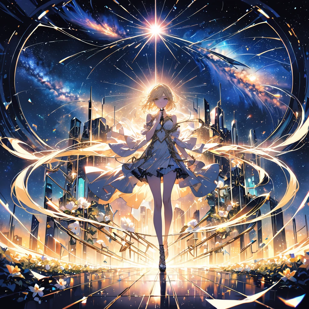 (Highest quality、masterpiece)、One Girl、Full Body Shot、stop temporarily、particle、Wind、flower、blonde、milky way、5mTake the lead、A bright and hopeful futuristic cityscape glowing with neon and brass tones. In the foreground, lit by a mix of neon lights and warm sunlight, is a powerful, realistic-looking woman holding a vintage microphone. Surrounding her is a symbol of unity and strength, like rising steam. In the background, greenery thrives among the futuristic structures, conveying hope and optimism for the future.