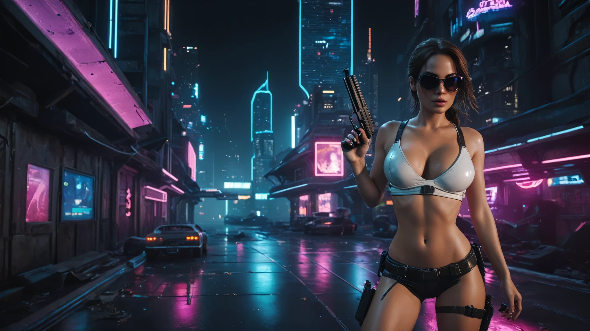 (aerial view, a flying cars docking platform, flying cars, a very dark abandoned futuristic city, neon lights), at night. A girl as Lara Croft, solo, alone, large-breast:1.2 slim body, cleavage:1.1, sexy miniskirt, (black sunglasses), (holding a pistol:1.8), dynamic pose, half-body thigh level medium shot, cinematic lighting, ray tracing.
