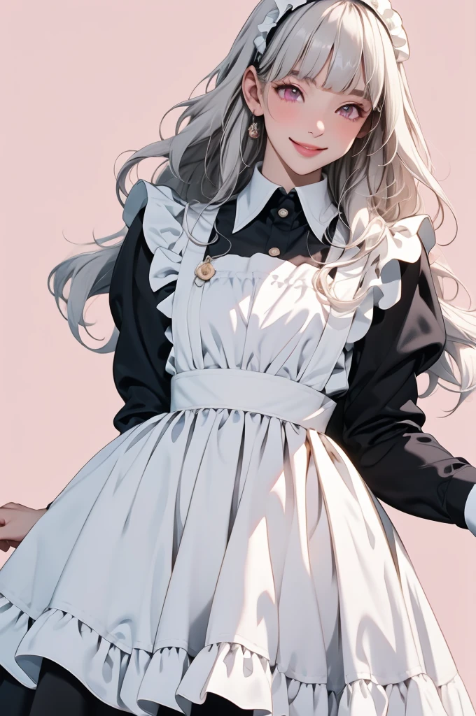 high resolution,smile,happy,light smile,woman,woman1人,adult,Clear,cute, blunt bangs,White Hair,BREAK, Pink eyes,BREAK,wavy hair,long hair,BREAK, ((looking at viewer)), Black maid outfit,White apron,Black long sleeve blouse,Black long skirt,White Stockings,Frill headband,BREAK,Facing forward,BREAK,Pink background, BREAK,
