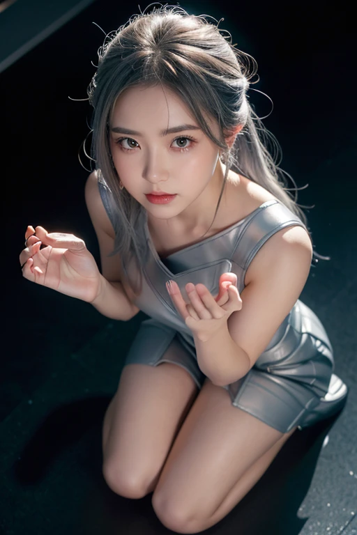21 year old girl, Grey hair, helper: 1,5, hands crossed on thighs, (kneel in front of the audience: 1.6), (from above: 1.6), medium sized breasts, chubby body, one side hair clip blusher, modern cinematic lighting , Ray Tracing, drop shadow wide shot UHD, textured leather, high detail, best 4K quality, lying in bed, facial styling, sad.