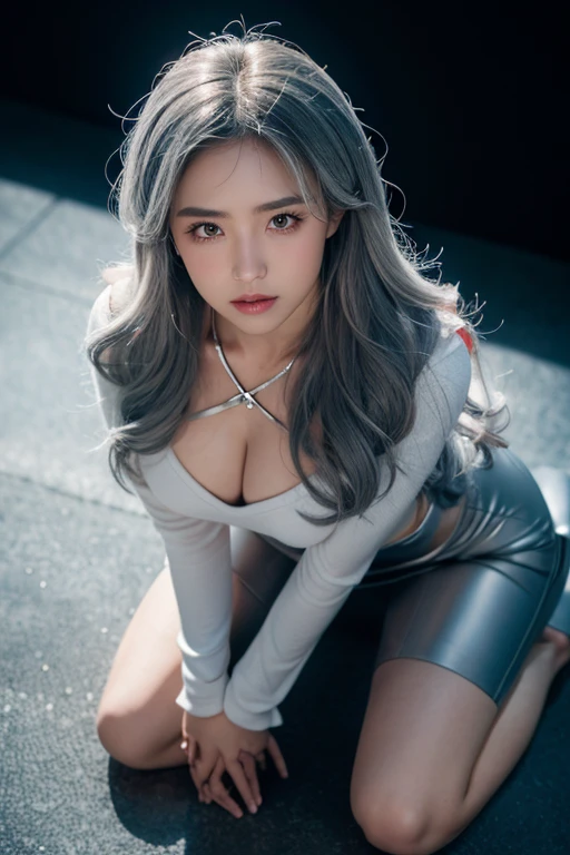 21 year old girl, Grey hair, helper: 1,5, hands crossed on thighs, (kneel in front of the audience: 1.6), (from above: 1.6), medium sized breasts, chubby body, one side hair clip blusher, modern cinematic lighting , Ray Tracing, drop shadow wide shot UHD, textured leather, high detail, best 4K quality, lying in bed, facial styling, sad.