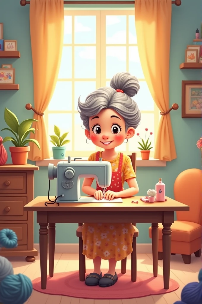 Grandma at sewing machine cartoon 