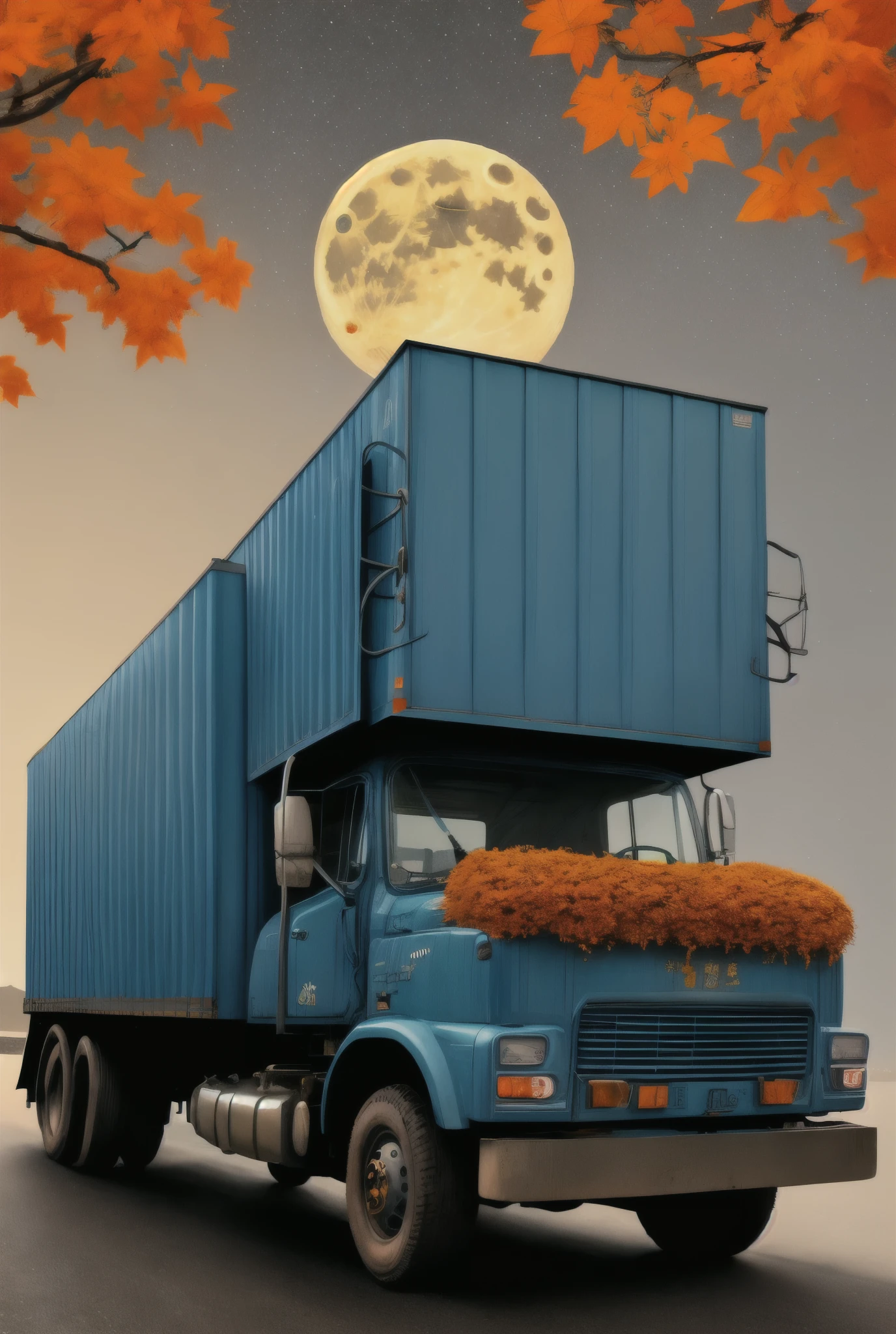 Three trucks、Elements of the Mid-Autumn Festival、Theme color blue、The title above the picture is "Mid-Autumn Full Moon,"Liberation Accompanying"、Images of people are prohibited