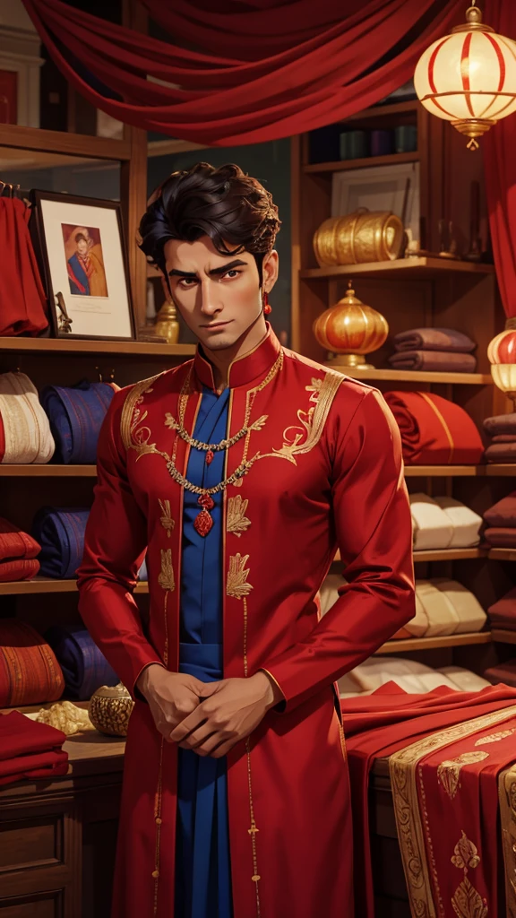 arafed man in a store holding a red cloth, wearing a silk kurta, with fluent cloths, [ colourful, fabrics, black and red silk clothing, trending photo, fabric embroidery, a handsome, with fashion clothe, handsome man, red cloth around his shoulders, colour, very consistent, selling his wares, red and blue garments