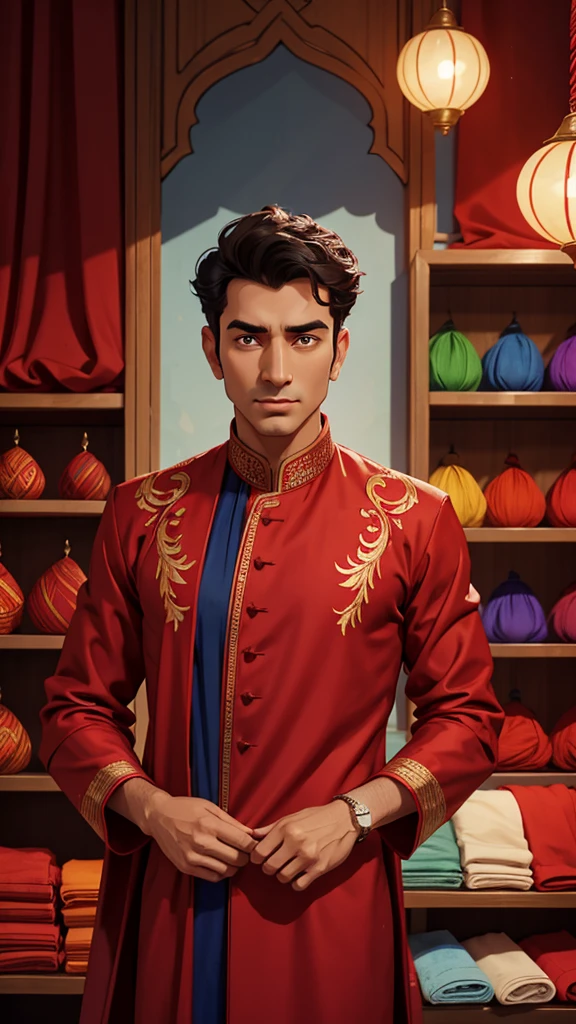 arafed man in a store holding a red cloth, wearing a silk kurta, with fluent cloths, [ colourful, fabrics, black and red silk clothing, trending photo, fabric embroidery, a handsome, with fashion clothe, handsome man, red cloth around his shoulders, colour, very consistent, selling his wares, red and blue garments