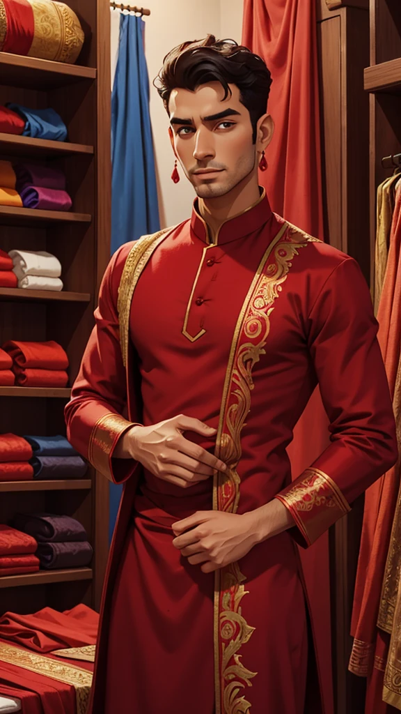 arafed man in a store holding a red cloth, wearing a silk kurta, with fluent cloths, [ colourful, fabrics, black and red silk clothing, trending photo, fabric embroidery, a handsome, with fashion clothe, handsome man, red cloth around his shoulders, colour, very consistent, selling his wares, red and blue garments