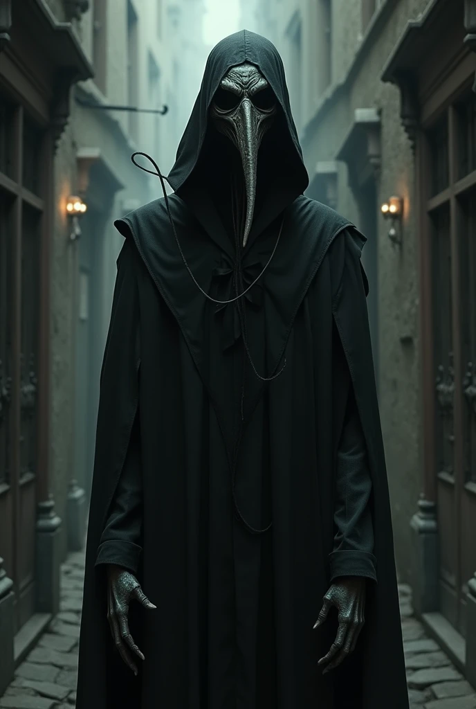 Create a male character with a mysterious look, dark and with a look similar to that of a plague doctor and with a macabre look