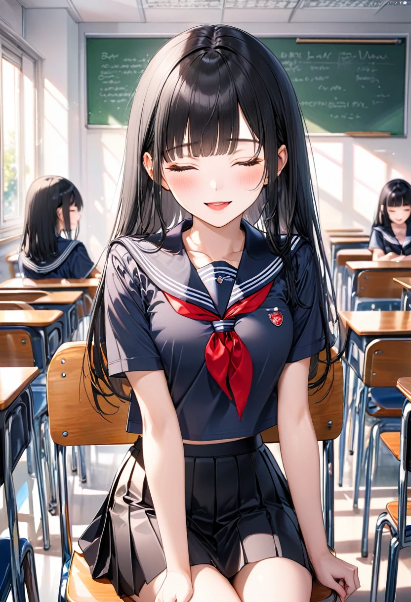 (immensely beautiful style), (sit down on school chair), (15 yo) (beautiful blunt bangs:1.3) (beautiful pastel black hair very long hair) (immensely beautiful girl) (detailed sexy closed eyes) (sexy smile, glossy lip, open mouth), in a detailed black summer school sailor clothes, red neckerchief, black skirt, break, in the School classroom, background many students, BREAK, perfect anatomy, masterpiece, best quality, 16k, beautiful detailed grow, daydreaming expression.