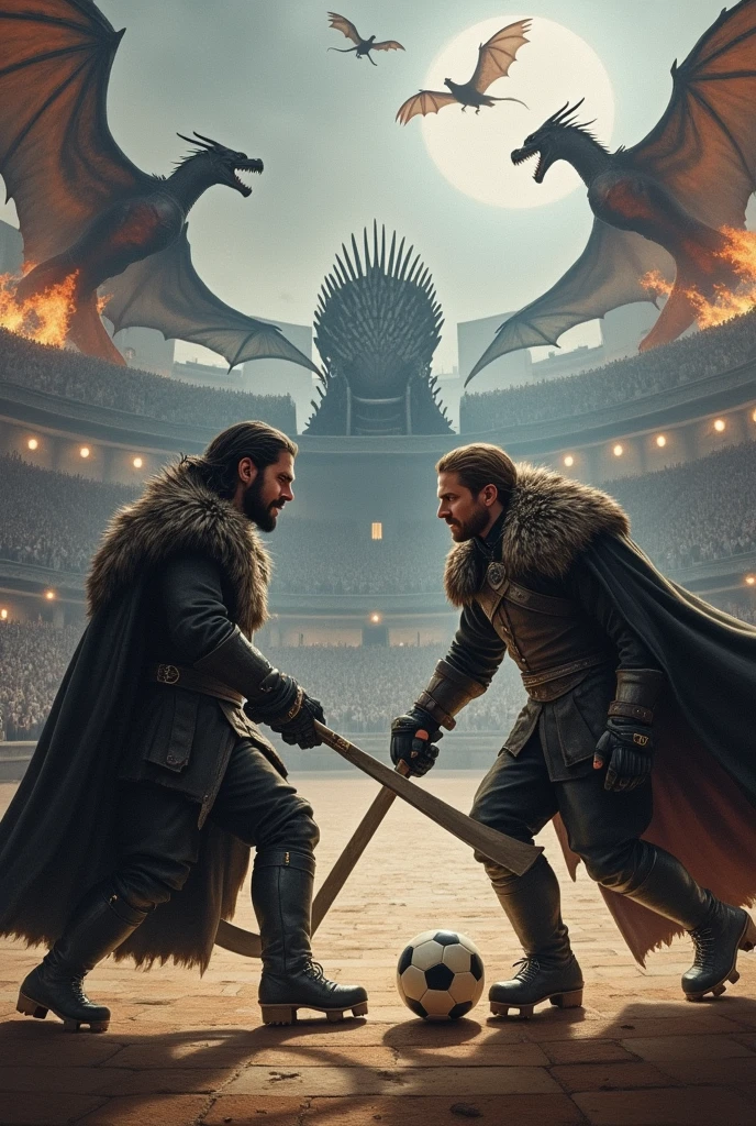 A gothic style oil painting of Jon Snow and Ted Lasso in an epic duel in a medieval stadium. Jon, with his Valyrian steel sword as a hockey stick, faces Ted, who uses a soccer ball as a shield. The Iron Throne shines in the background, as fire-breathing dragons fly over the stadium. 4K