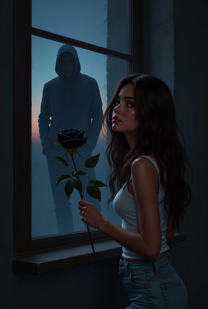 The image shows a woman with long brown hair, wearing light denim pants and a white tank top, holding a black rose and looking at flower. She is in a dark and mysterious environment, with a window behind her at night, where you can see a shadowy figure, a man wearing a black hoodie watching. The woman appears to be in a romantic and enigmatic situation.