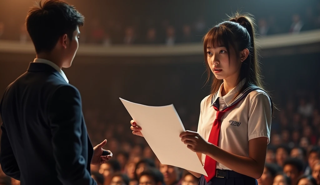 masterpiece, Highest image quality, photo realistic, Raw photo, full body photo, (Typography Poster, girl is in student uniform and holding a poster and she is speak in front of the man on the stage)