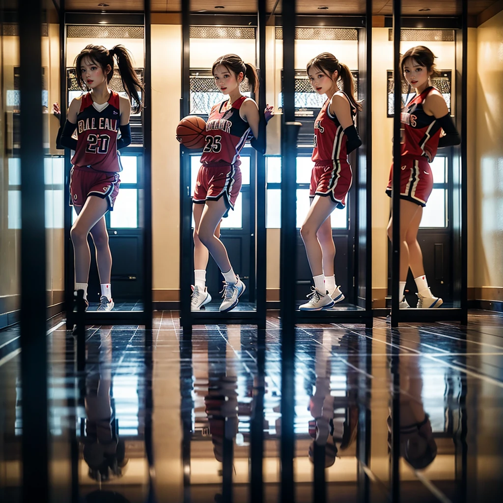 SFW, ExtremelyDetailed (((Basketball Team Girls in a row:1.4))), Childish perfect face, Reflective Eyes, Detailed(Delicate Clothing textures), Corrected Leg to Foot Line, Corrected Perfect Hand, Dynamic Joyful Expressions LifeLike Rendering, ((Specular Reflection:1.28)), TopQuality 8K Ultra-detailed masterpiece (ProfessionalPhoto:1.37)(Acutance:0.8),(Luminism:1.22), Locker room (Exposed) Changing clothes