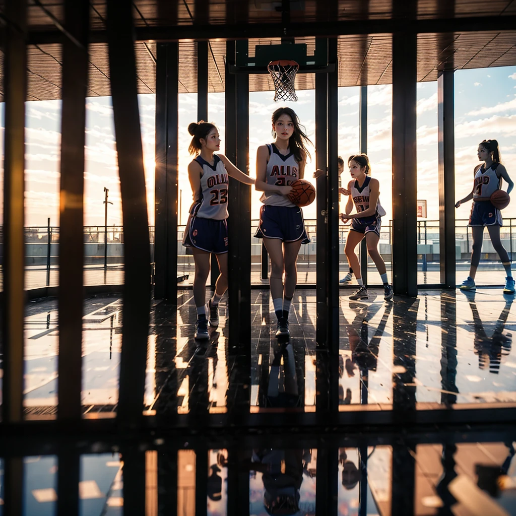 SFW, ExtremelyDetailed (((Basketball Team Girls in a row:1.4))), Childish perfect face, Reflective Eyes, Detailed(Delicate Clothing textures), Corrected Leg to Foot Line, Corrected Perfect Hand, Dynamic Joyful Expressions LifeLike Rendering, ((Specular Reflection:1.28)), TopQuality 8K Ultra-detailed masterpiece (ProfessionalPhoto:1.37)(Acutance:0.8),(Luminism:1.22), Locker room (Exposed) Changing clothes