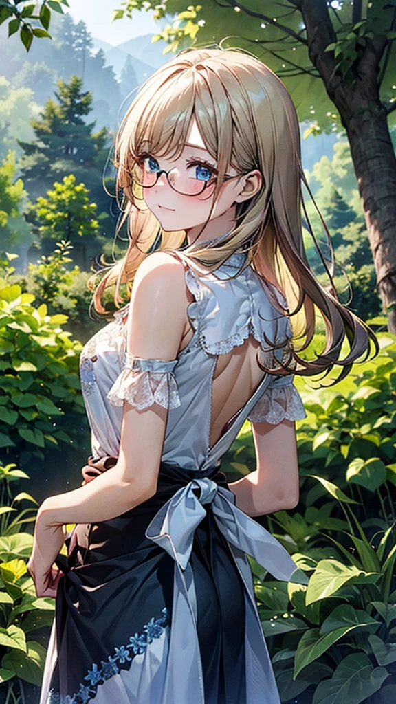 (((masterpiece))), cute, pritty, from front, cowboy shot, masterpiece, best quality, Born in the year of the boar, the "boar girl" has blonde hair and blue eyes, long bangs that hang down to frame her glasses, and long hair to her back that sways in the wind. Her hair is adorned with twigs and flowers found in the forest. She wears a white one-piece dress with pretty blue embroidery. The dress flutters from the shoulders and is decorated with lace at the cuffs. A pale pink ribbon is tied around her waist, swaying softly in the wind., resting her cheekbones on her hands, The season is summer, and the place is a lush green forest in the deep mountains. The trees are covered in a dark green color, and the sunlight filters through the trees, creating beautiful patterns on the ground. A cool breeze is blowing through the trees, bringing the fragrance of flowers and grasses. The sound of a babbling brook can be heard in the distance, and the chirping of birds echoes throughout the forest.