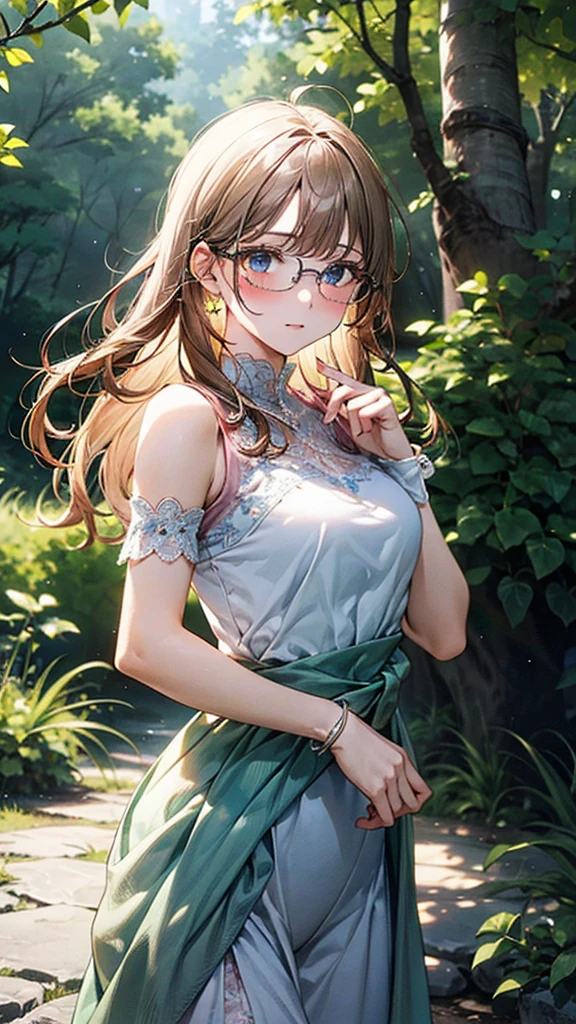 (((masterpiece))), cute, pritty, from front, cowboy shot, masterpiece, best quality, Born in the year of the boar, the "boar girl" has blonde hair and blue eyes, long bangs that hang down to frame her glasses, and long hair to her back that sways in the wind. Her hair is adorned with twigs and flowers found in the forest. She wears a white one-piece dress with pretty blue embroidery. The dress flutters from the shoulders and is decorated with lace at the cuffs. A pale pink ribbon is tied around her waist, swaying softly in the wind., resting her cheekbones on her hands, The season is summer, and the place is a lush green forest in the deep mountains. The trees are covered in a dark green color, and the sunlight filters through the trees, creating beautiful patterns on the ground. A cool breeze is blowing through the trees, bringing the fragrance of flowers and grasses. The sound of a babbling brook can be heard in the distance, and the chirping of birds echoes throughout the forest.