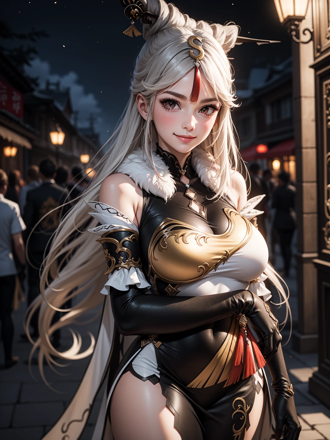 Masterpiece, high quality, 8k,detailed body, ultra detailed, detailed face, standing, blush, bright eye, outdoors, (detail face), ningguangdef, (gigantic breasts),(night), half body, smile,