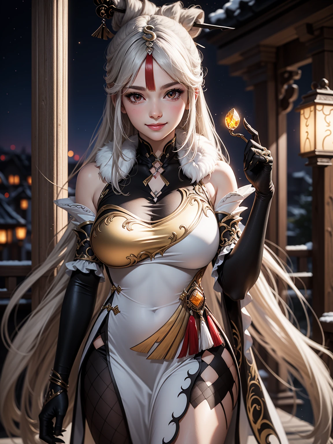 Masterpiece, high quality, 8k,detailed body, ultra detailed, detailed face, standing, blush, bright eye, outdoors, (detail face), ningguangdef, (gigantic breasts),(night), half body, smile,