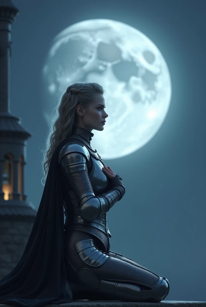 45 degree side view, ((masterpiece, Top quality, high resolution, Highly detailed CG unified 8k wallpaper)), (Huge stunning goddess photo, Very hot and sexy, Jaw-dropping beauty, Perfect proportion, Beautiful Body, slim body beautiful:1.3), Moonlight Confession, night,On the balcony of the old castle, 女皇One knee squat凝视着你, Female knight in medieval armor, One knee squat, I swear to you, A huge full moon in the background, Rear lighting, She put her hands on her chest,I swear to you骑士之誓, Silver armor gleams in the moonlight,