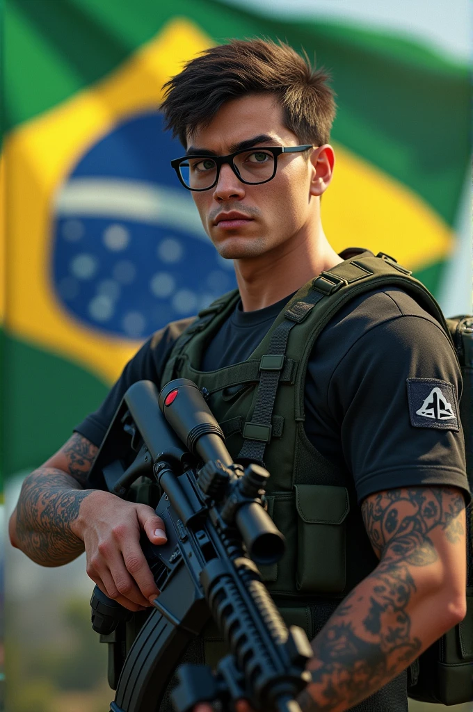 A young man with short hair wearing black framed glasses is wearing a Playstation shirt on the left side .He holds a scoped rifle confidently. His right arm sports a detailed tattoo.. Ao fundo, there is a big Brazilian flag, with green colors, yellow and blue predominating. The expression on the young man&#39;s face is serious and focused, looking to the left, showing his waist.