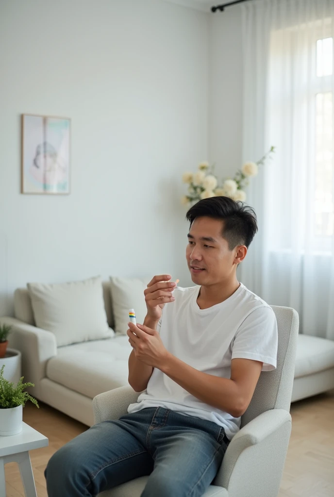 A 35-year-old Asian male, identified as LGBTQ, is sitting in a modern, minimalist living room. He is taking medication in a calm and composed manner. The room is styled predominantly in white tones, with soft, natural lighting. The environment is clean and minimal, featuring subtle LGBTQ symbols, such as a small pride flag or rainbow-themed accessories, integrated tastefully into the décor.