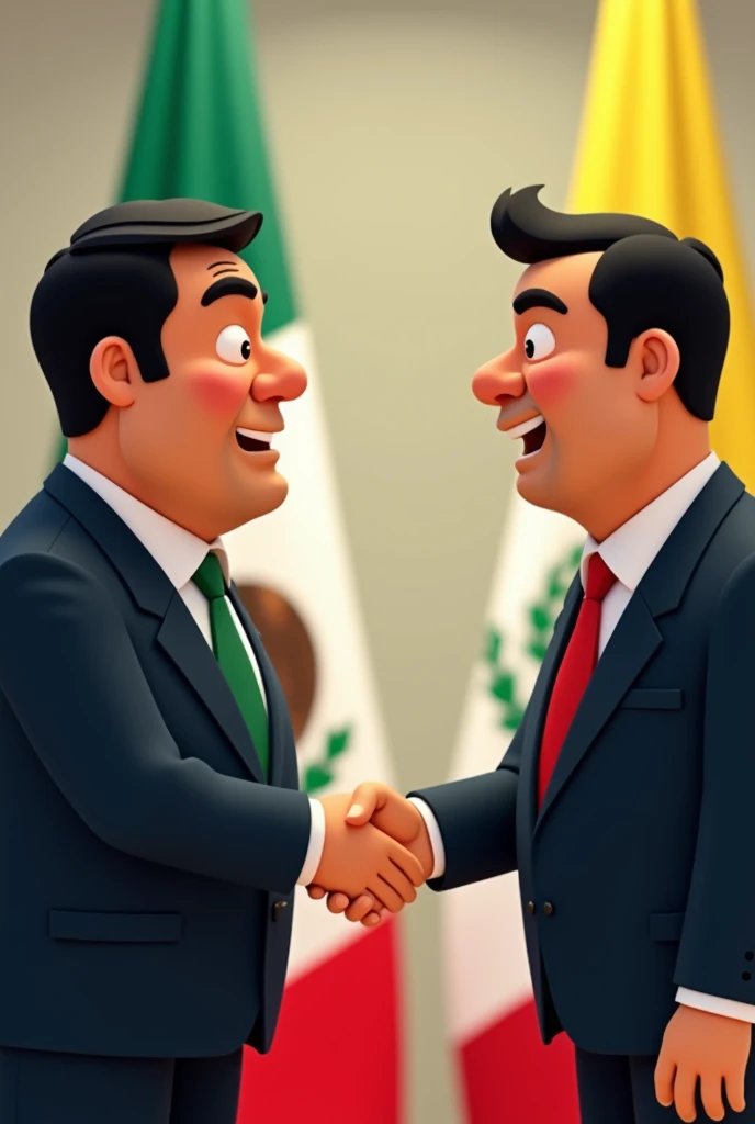 Animated image of two presidents, one Mexican with black hair, bushy eyebrows and a double chin, and the other Colombian with their flags in the background, shaking hands 