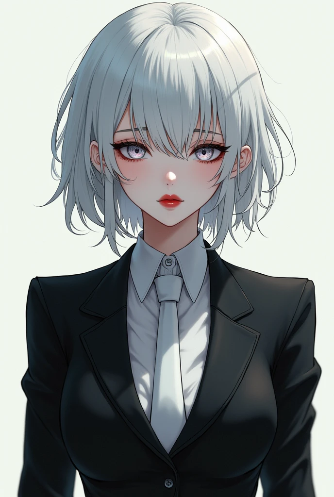 Anime a woman with white hair, albino eyes, pale skin, red lips wearing a black suit with a white tie, thin face, more or less breasts