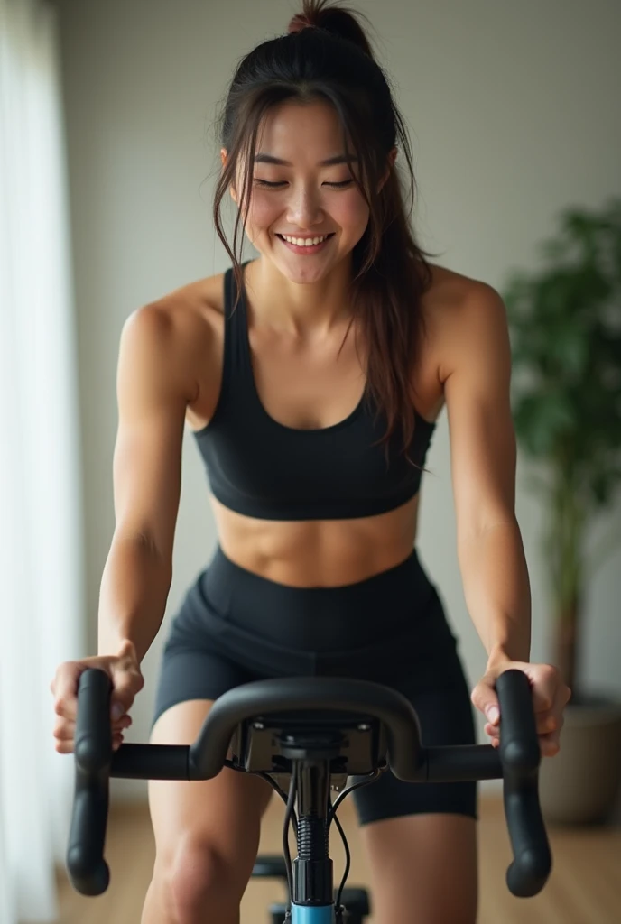 A picture of someone exercising on an indoor bike. A picture of someone sweating profusely but feeling refreshed as if all the cells in their body are blooming like flowers. A picture of someone wearing sportswear, like a Korean.