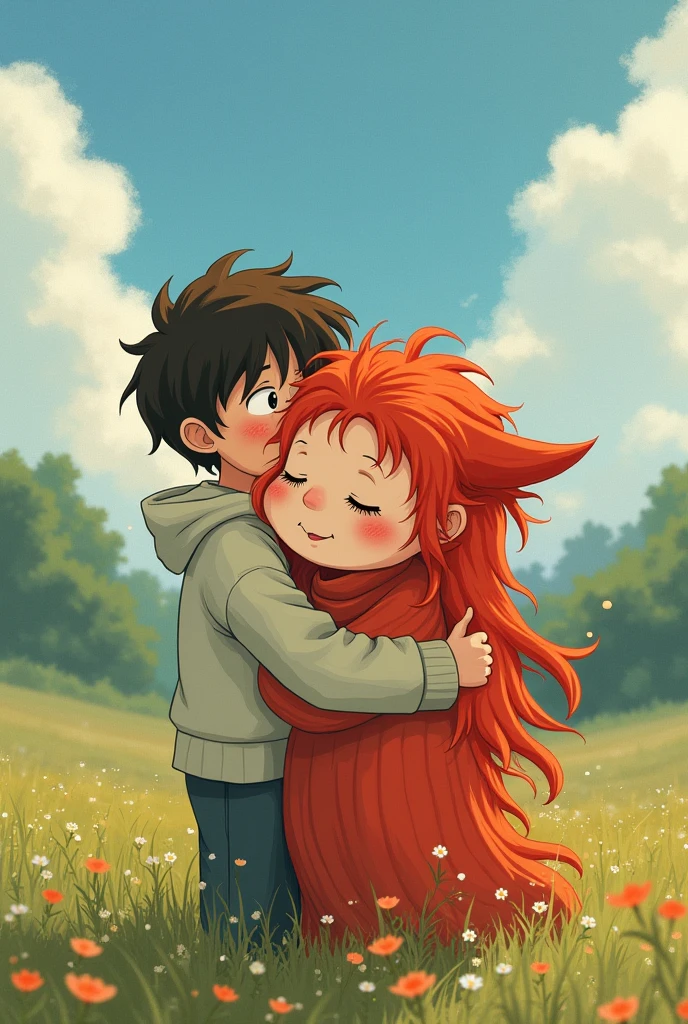 An image of Ponyo and Sosuke of age and hugging, Studio Ghibli style, ponyo with red hairy, long, old version