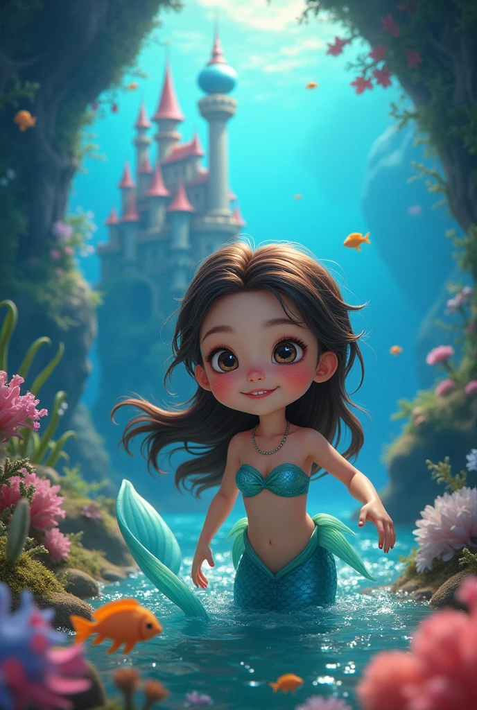 Hello, Please, could you generate an image of a 3 year old little mermaid with long brown hair, side part hairstyle, black eyes, happy, with oriental features? In a colorful fantasy ocean with adorable fairy tale castle