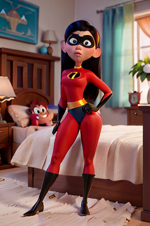 Violet Parr, Incredibles, Leotard, Laying In Bed, Disney Pixar Animated Style, detailed face, beautiful eyes, medium breasts, ((Show Thighs))